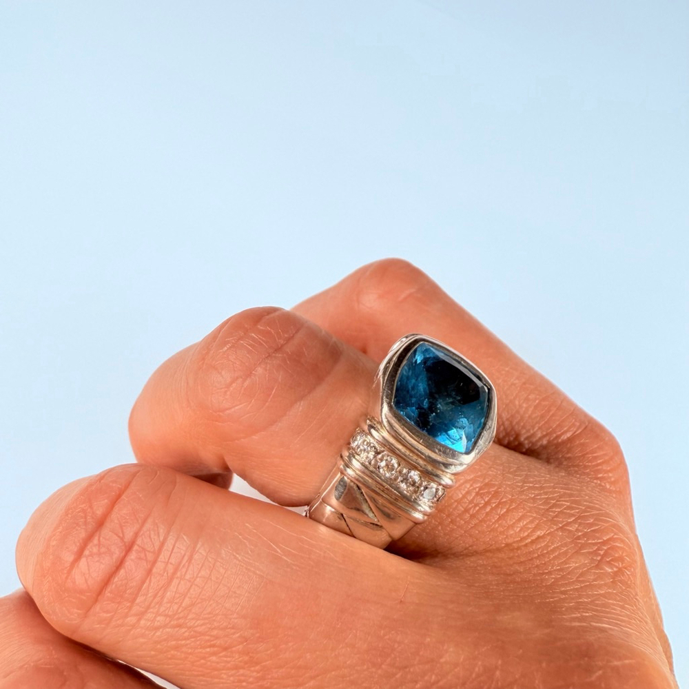 Scott Kay 4 CT London Blue Topaz Diamond Basket Weave Sterling Silver 925 Ring - Picture 14 of 15